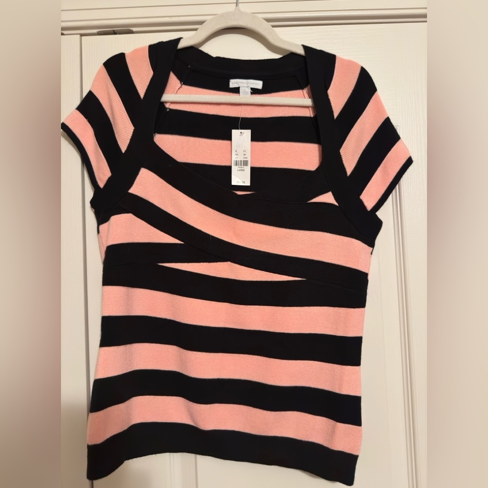 New York & Company Black and Pink Striped Short Sleeve Sweater Top